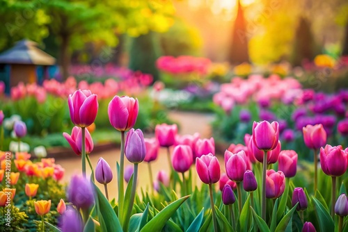 Pink Tulip Flower Garden in Tilt-Shift Photography Style for Vibrant Floral Illustration