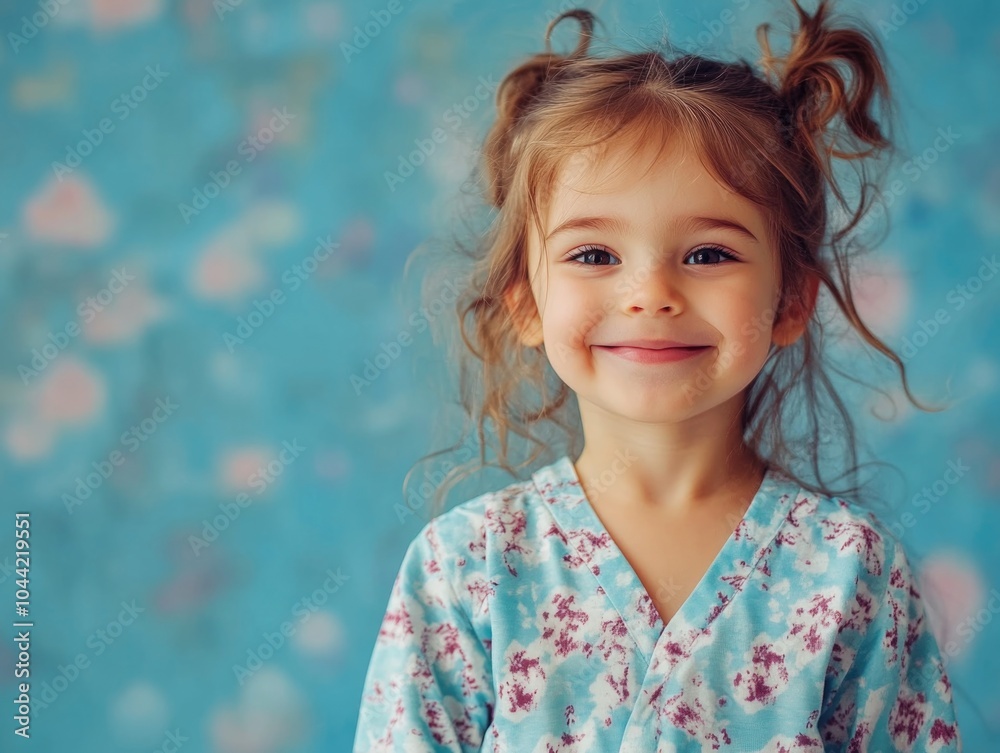 Endearing Little Girl in Hospital Gown, Smiling and Looking Forward Endearing Little Girl in Hospital Gown, Smiling and Looking Forward