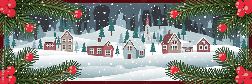 Snowy Christmas village with red houses and green pine branches perfect for winter holiday greetings and festive designs Snowy Christmas village with red houses and green pine branches perfect for winter holiday greetings and festive designs