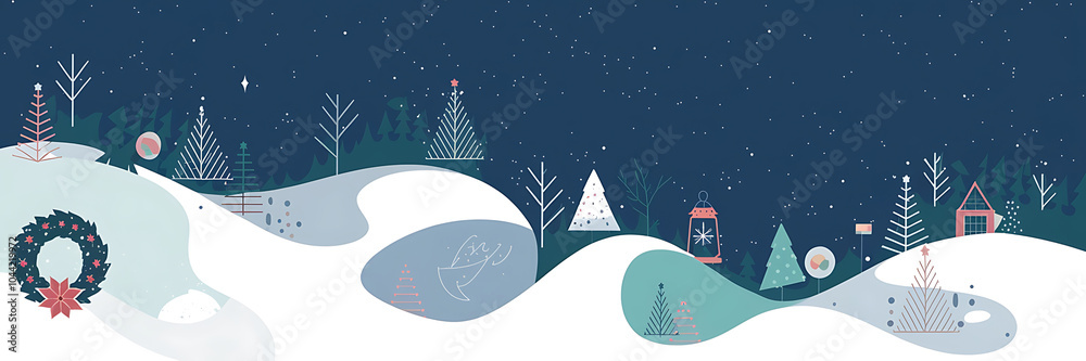 Fototapeta premium Winter wonderland with snowy hills pink and green trees and a starry night sky perfect for Christmas and holiday designs 