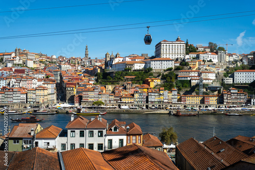 Porto City, Vila Nova de Gaia and Douro River on Sunny Day. Gaia Cable Car. Portugal