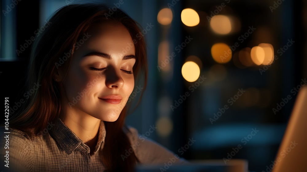 Obraz premium Woman with closed eyes, smiling while looking at a laptop screen at night, sitting in a dimly lit room.