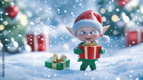 cartoon elf holding gifts in snowy day with santa clothes