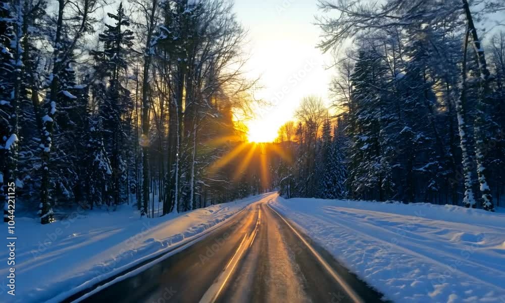 Driving Through A Winter Sunset Forest Driving Through A Winter Sunset Forest