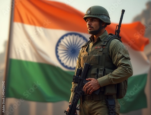 Indian soldier standing in front of Indian flag military patriotism