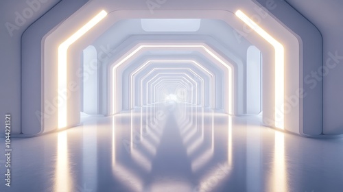 Futuristic white corridor, octagonal walls with soft ambient glow, floor reflecting overhead lights, minimalistic design, Sci-Fi, monochrome color scheme, 3D rendering, ultra-clean aesthetic