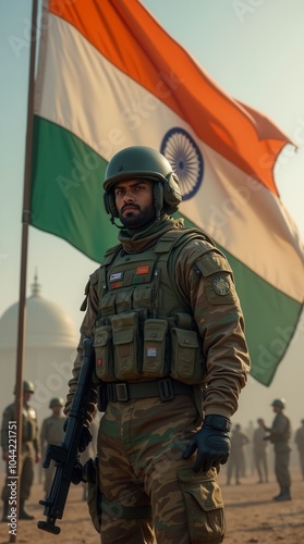 Indian soldier standing in front of Indian flag military patriotism
