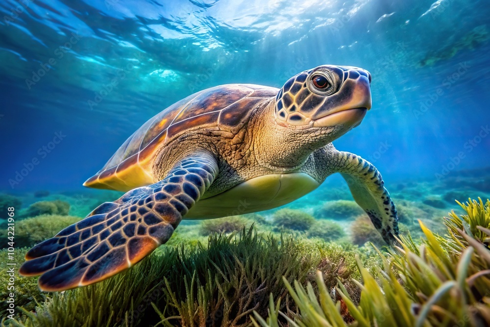 Fototapeta premium Sea turtle Carettochelys insculpta swimming in blue water among algae Extreme Close-Up