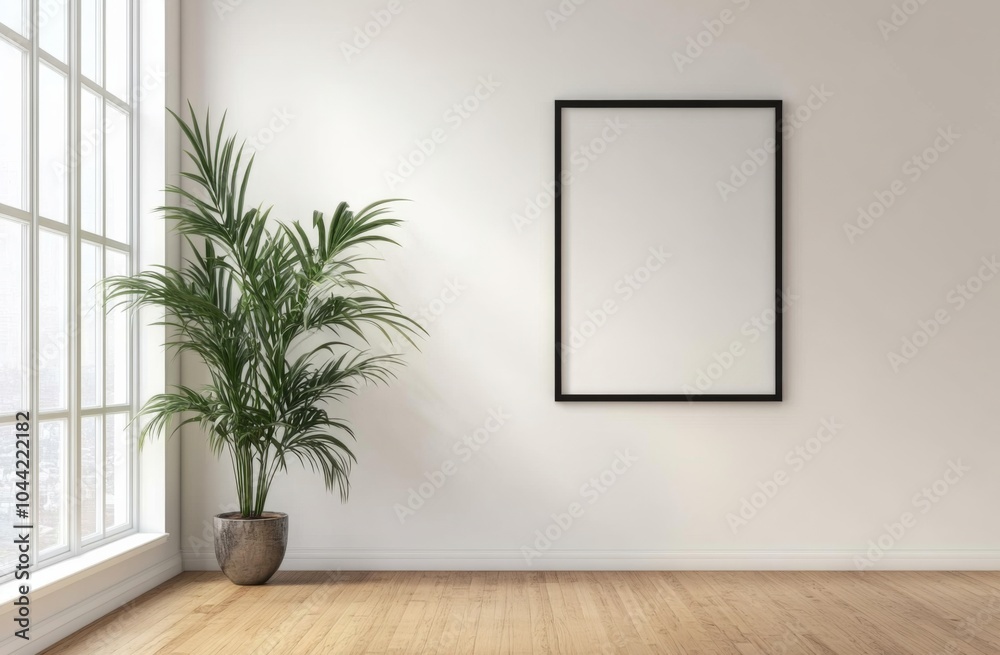 A large, blank black wooden picture frame hanging on a minimalist wall in an empty room with white walls and wooden floors A large, blank black wooden picture frame hanging on a minimalist wall in an empty room with white walls and wooden floors
