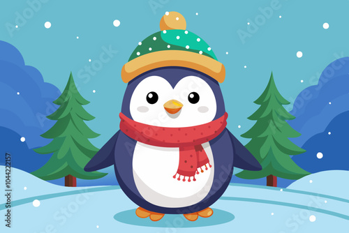  Cute winter penguin with hat and scarf 