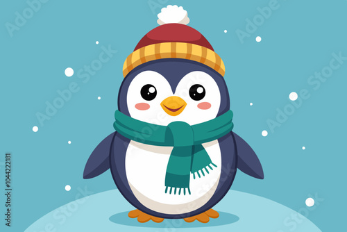  Cute winter penguin with hat and scarf 