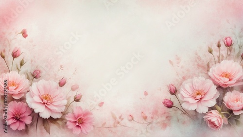 Romantic pink flower frame border with soft pastel background