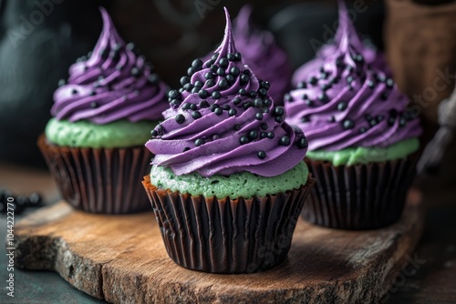 enchanting halloween treats, spooky witch cupcakes with purple and green frosting on a wooden board in a cozy corner a hauntingly delicious sight photo