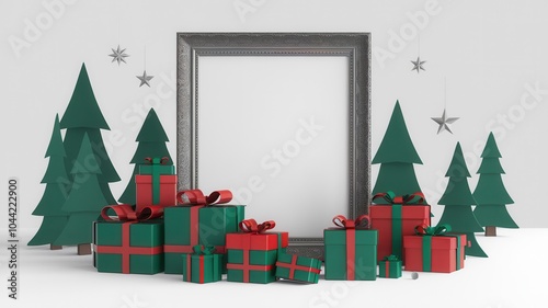 Festive Christmas Scene with Red and Green Wrapped Presents, Ribbons, and Stars photo