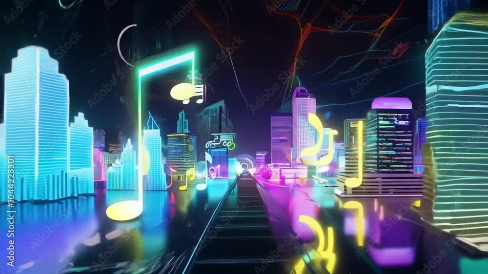4k urban music city color loop neon animation background technology party space futuristic motion horizontal particle shiny disco modern abstract light glowing glow design dj graphic line pattern bri