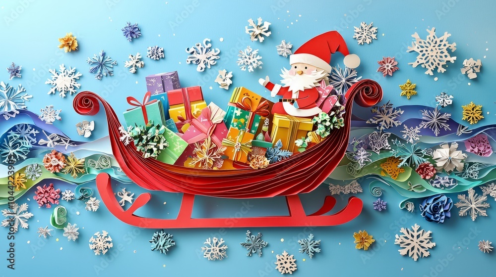 Fototapeta premium A delightful paper art Santa with a sack of gifts, standing beside a large Christmas tree. 3d christmas wallpaper forgreeting card