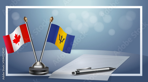 Canada and Barbados Small national flag on bokeh background, cooperative relationship