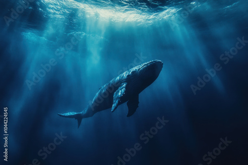 Humpback swims in ocean, splashing water as it breaches.