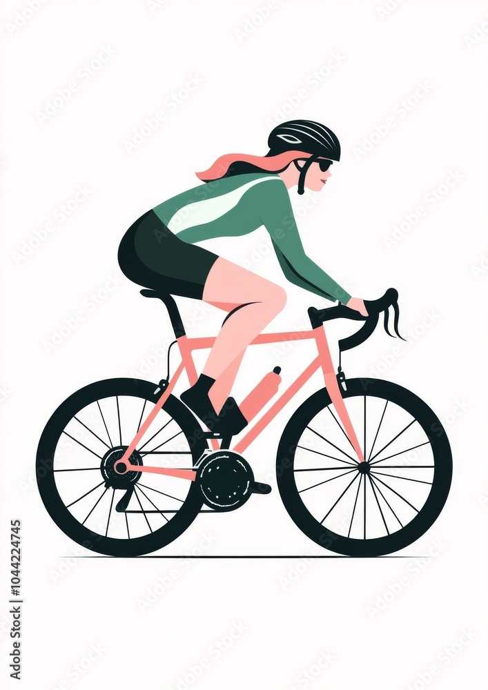 Obraz premium Minimalist Flat Illustration of an Elegant Female Cyclist on a Pink Road Bike