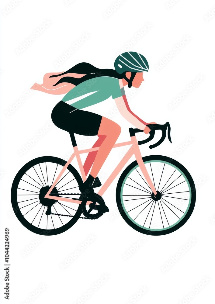 Obraz premium Minimalist Flat Illustration of an Elegant Female Cyclist on a Pink Road Bike