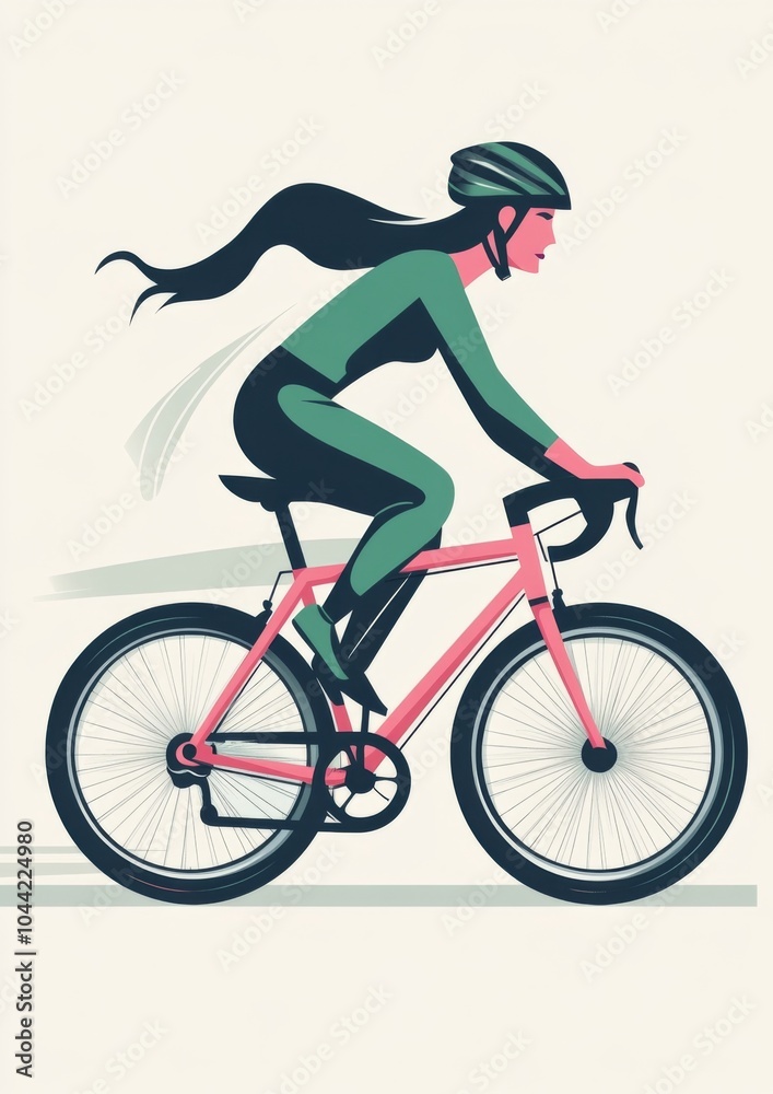 Obraz premium Minimalist Flat Illustration of an Elegant Female Cyclist on a Pink Road Bike
