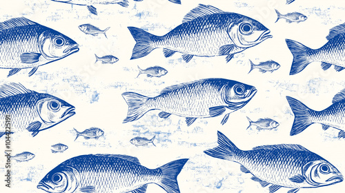 Seamless Pattern with Blue Fish on White Background for Fabric or Wrapping Paper