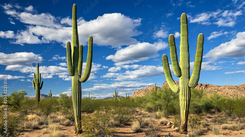 A desert landscape featuring tall cacti under a blue sky with fluffy clouds.