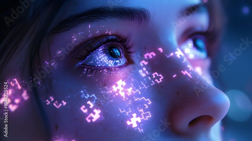 A woman's eyes glowing with digital puzzle pieces integrating into her thoughts, symbolizing cognitive processes, minimalist, high-detail, purple neon, sci-fi aesthetic photo