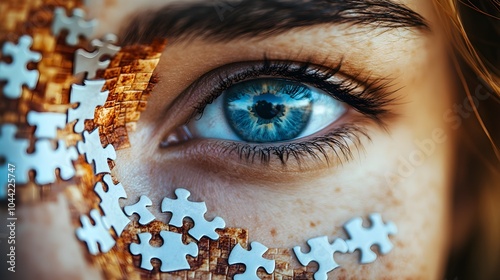 A woman's eyes, vivid and piercing, overlaid with intricate puzzle pieces, symbolizing a deep intellectual journey. The gaze reflects clarity, curiosity, and cognitive discovery photo