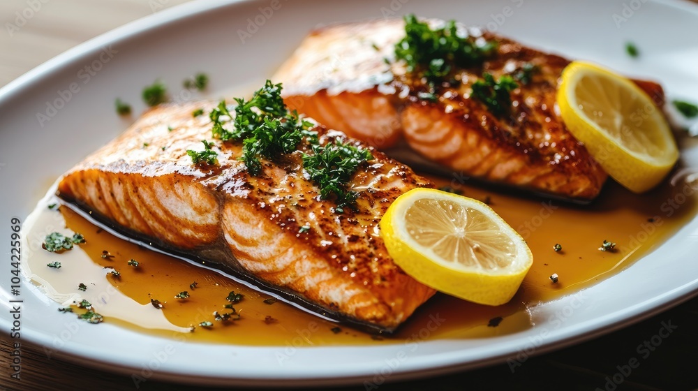Grilled salmon with lemon slices. Perfect for showcasing healthy and delicious recipes. Grilled salmon with lemon slices. Perfect for showcasing healthy and delicious recipes.