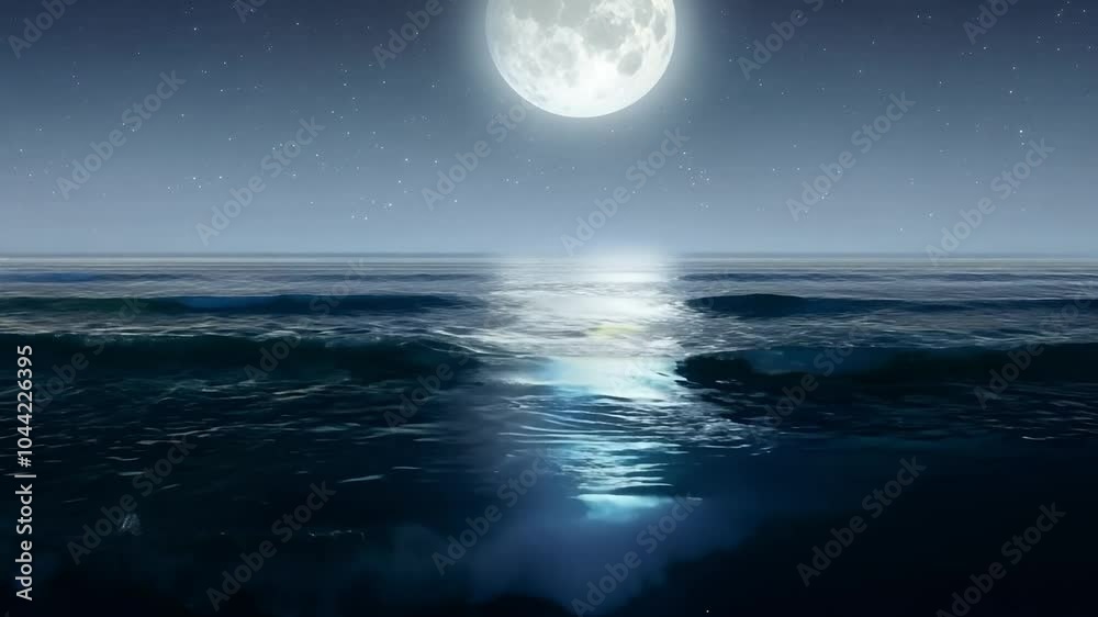 Moonlight shimmering on a gently wavy ocean creates a serene and tranquil nighttime atmosphere