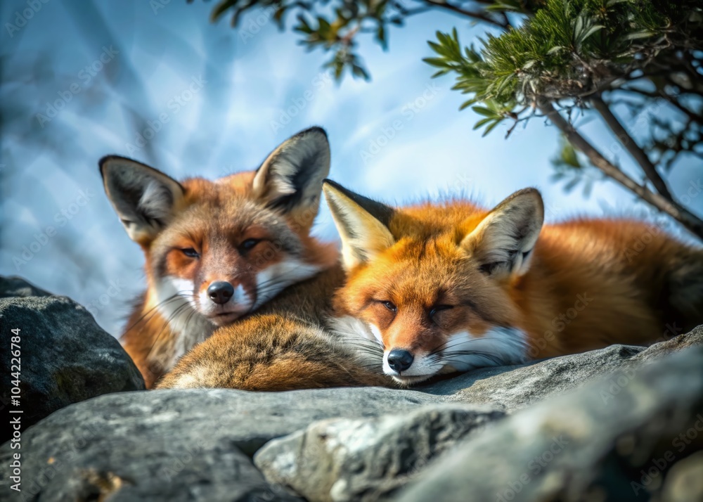 Fototapeta premium Serene Wildlife Scene of Two Red Foxes Resting Among Rocks in Nature