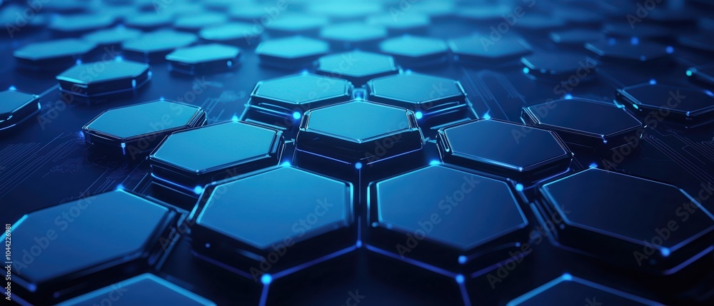 Fototapeta premium A close-up view of interconnected hexagonal shapes with glowing edges, creating a futuristic digital surface.
