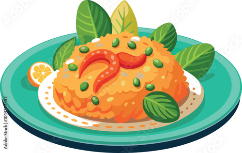 Bulgar pilaf with shrimps bell peppers and greens on a plate vector