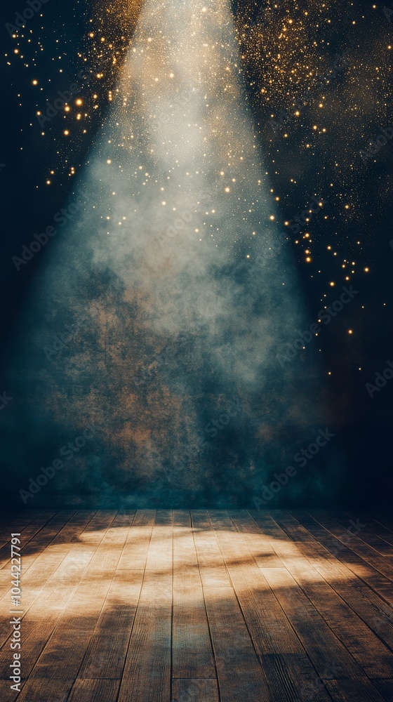 An empty scene featuring a blank mockup template (spotlight on ballet floor revealing suspended dust) 