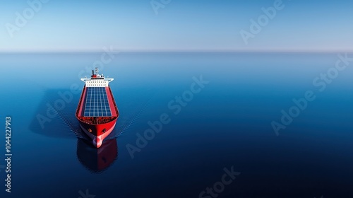 A modern cargo ship with solar panels, sailing on calm blue waters. photo