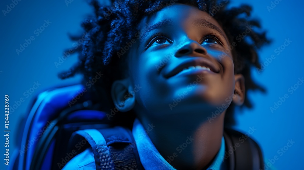 A young boy with a backpack looks up and smiles, lit by blue light. A young boy with a backpack looks up and smiles, lit by blue light.