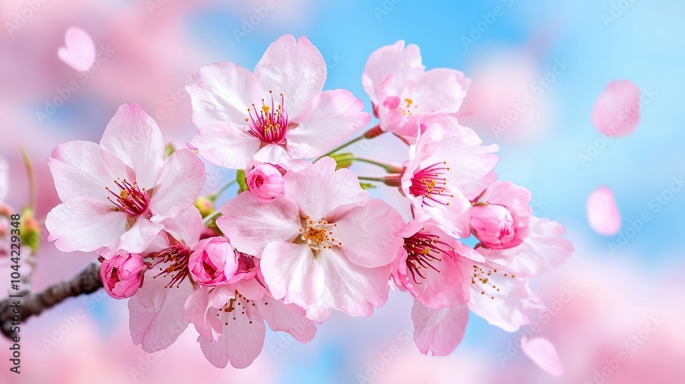 Fototapeta premium Beautiful pink cherry blossoms against a blue sky, symbolizing spring and renewal.