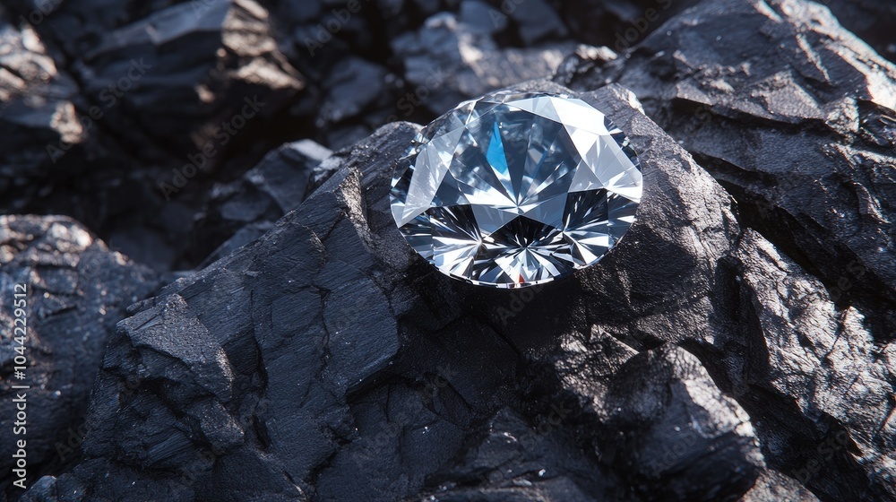 A sparkling diamond rests on dark rocks. This photo is perfect for illustrating the beauty and value of diamonds. A sparkling diamond rests on dark rocks. This photo is perfect for illustrating the beauty and value of diamonds.