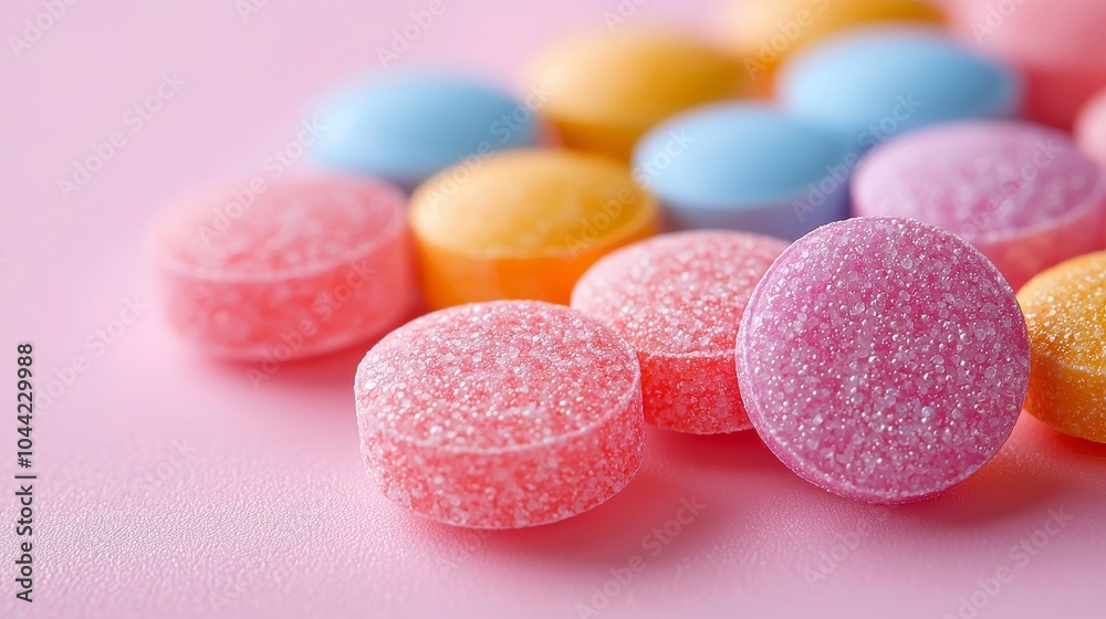 Close-up of colorful medicine pills on a textured light pink background, soft lighting, detailed texture, and smooth pill surfaces. medicine pills, abstract texture Close-up of colorful medicine pills on a textured light pink background, soft lighting, detailed texture, and smooth pill surfaces. medicine pills, abstract texture