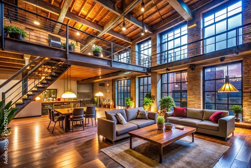 Spacious Loft with Mezzanine in Soft Lighting - Long Exposure Photography