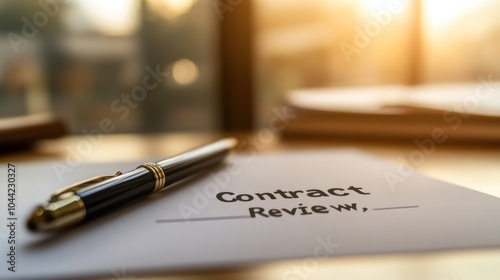 Wallpaper Mural A pen rests on a document labeled "Contract Review" with a warm background light. Torontodigital.ca