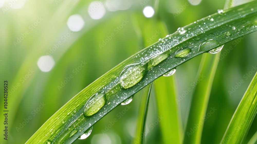 Close-up of fresh green grass blades covered in tiny water droplets, morning dew glistening in natural sunlight, green grass water drops, nature detail shot Close-up of fresh green grass blades covered in tiny water droplets, morning dew glistening in natural sunlight, green grass water drops, nature detail shot