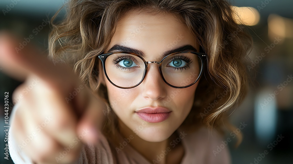 Fototapeta premium Close-up portrait of a young woman with blue eyes and glasses, pointing at the camera with a serious expression.