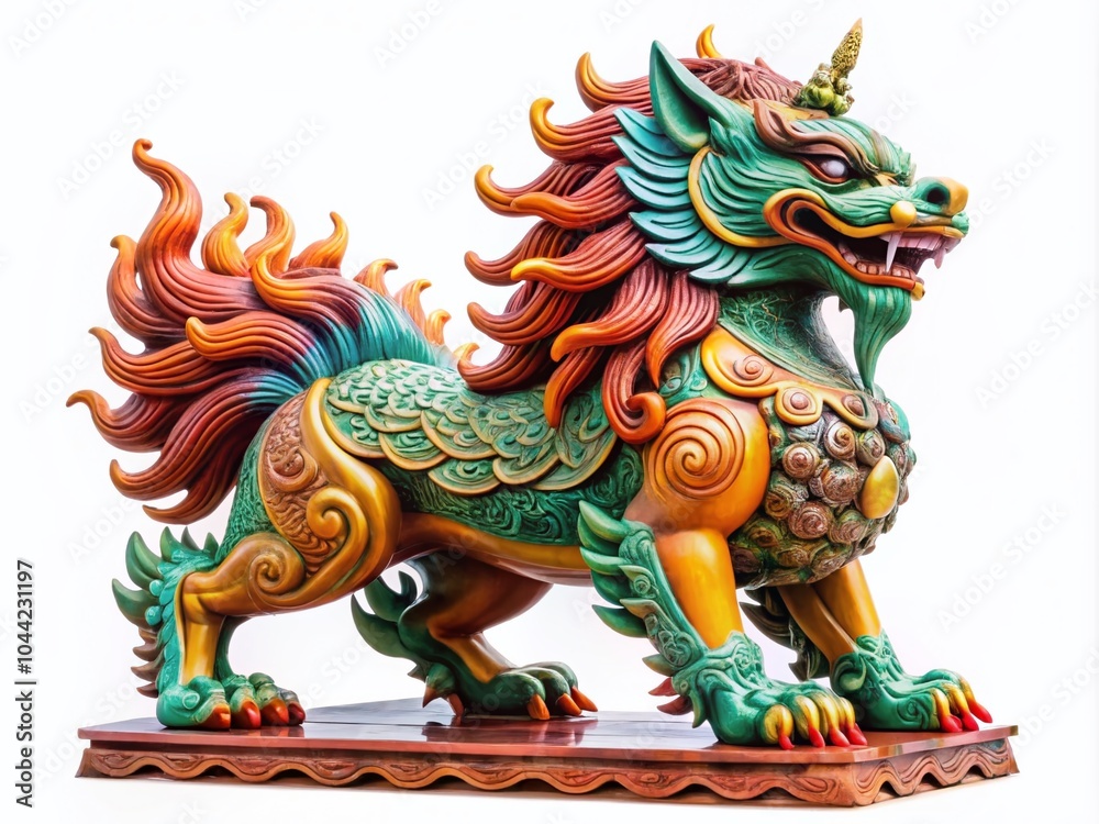 Fototapeta premium Stone Kylin Statue – Mythical Chinese Qilin Sculpture Isolated on White Background for Documentary Photography