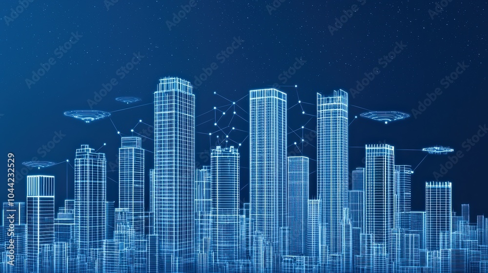 Futuristic city skyline with digital elements and interconnected technology in a blue background. Futuristic city skyline with digital elements and interconnected technology in a blue background.