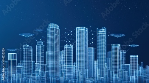 Futuristic city skyline with digital elements and interconnected technology in a blue background.
