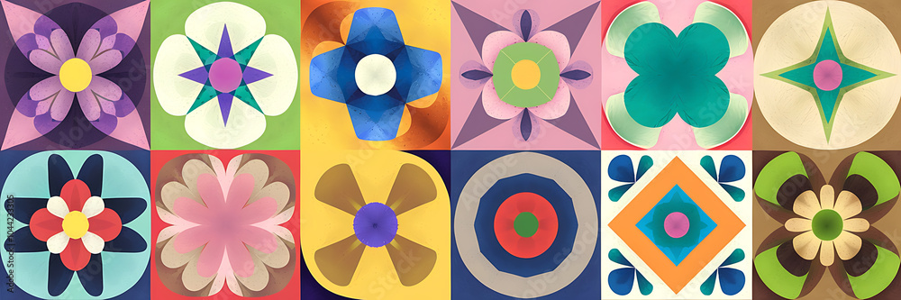 Obraz premium Colorful abstract floral patterns in blue and pink for a retro 70s design 