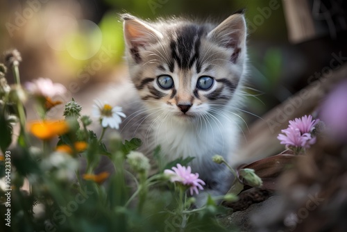 Cute little kitten on a background of spring flowers. Selective focus.