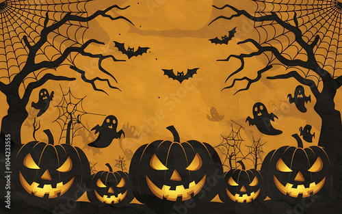 Black jack-o-lantern pumpkins and orange background Halloween spooky festive design    photo